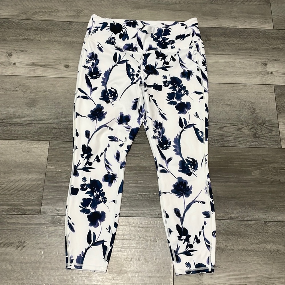 Athleta White Leggings with Navy Blue Floral Print